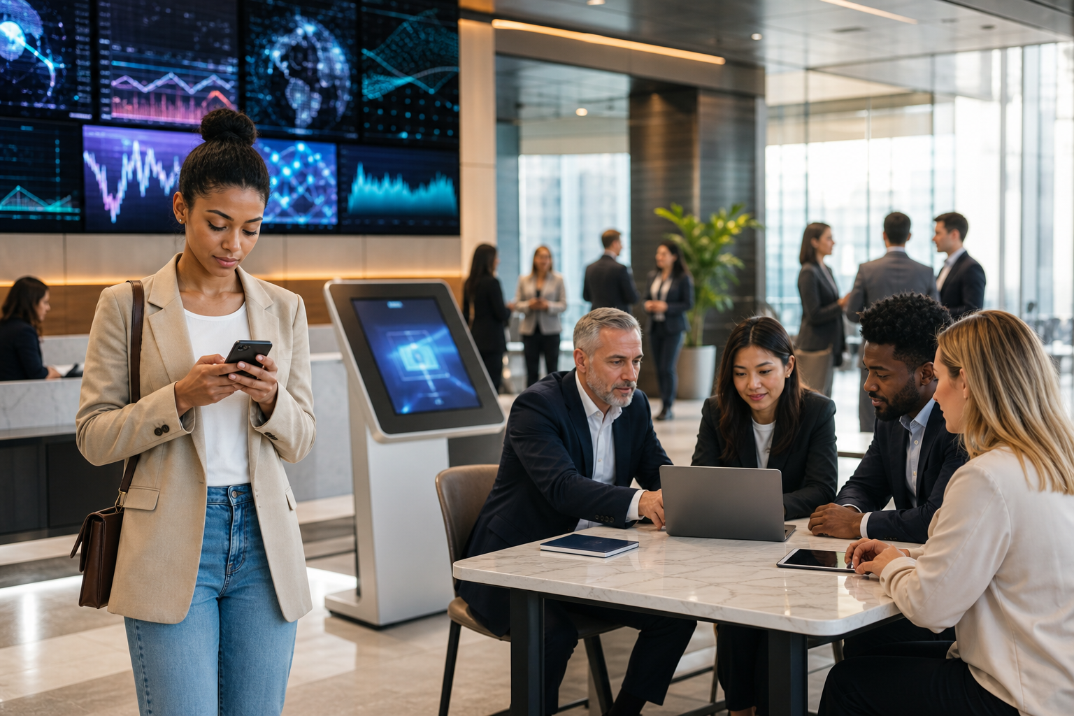 Modern Bank Lobby with Digital Interfaces and Blockchain Education