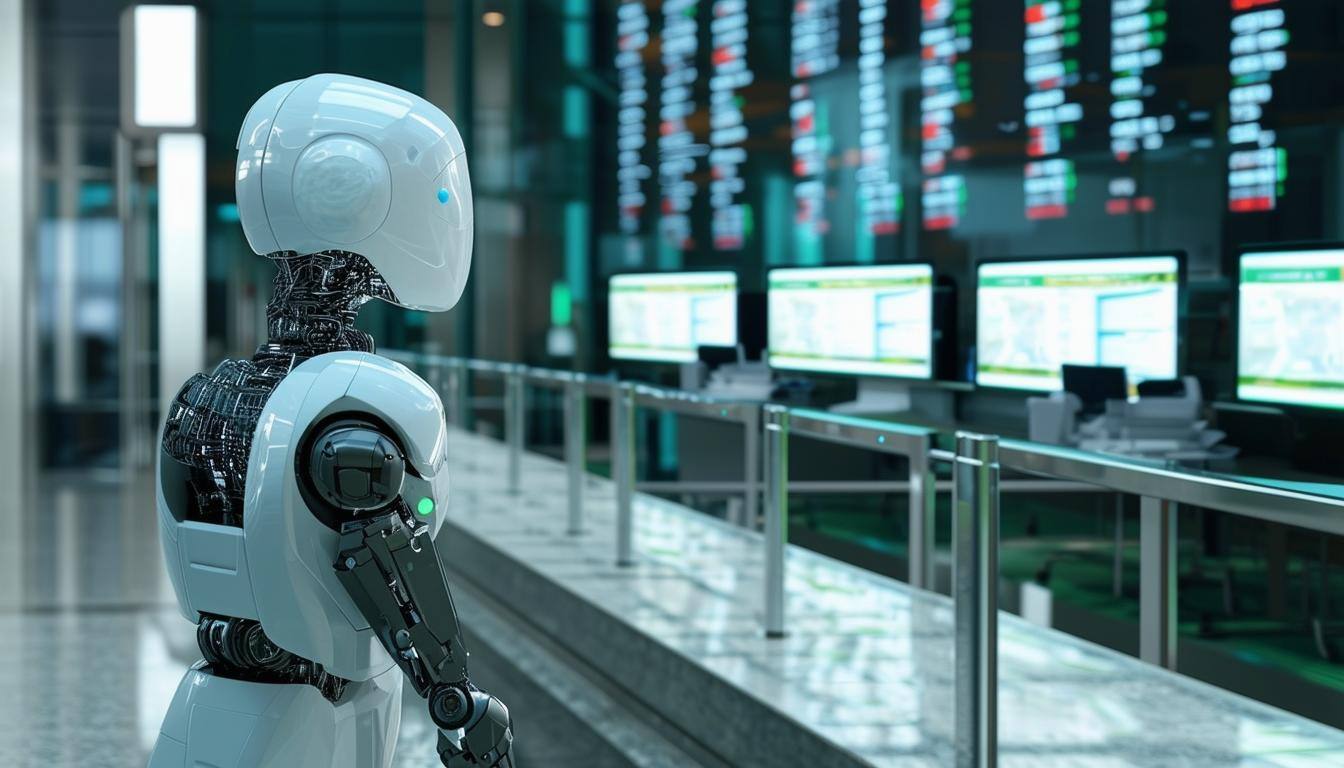 picture of a robot looking at guard rails inside a bank with money and computers use lots of guardrails and show abnk buildinhg from the outside also