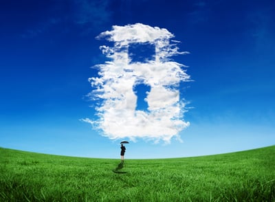 Composite image of young businesswoman holding umbrella against cloud lock