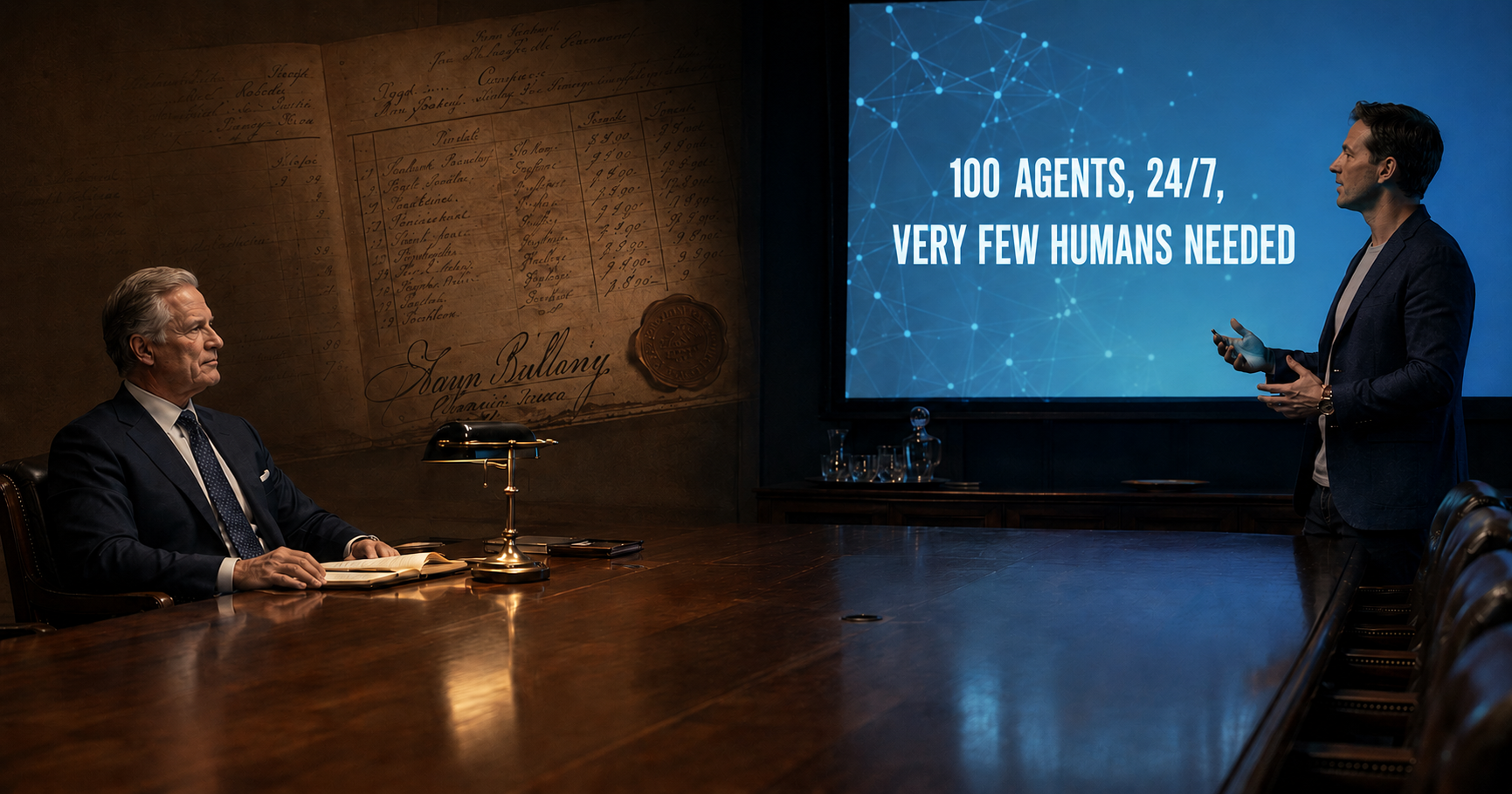 Banker seated across a conference table from a vendor pitching a slide that reads 100 Agents, 24/7, Very Few Humans Needed